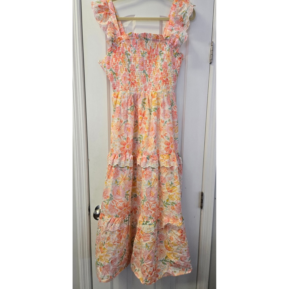 Haute Hippie Pink Floral Smocked Maxi Dress Ruffle Eyelet Lace 12 Cottagecore